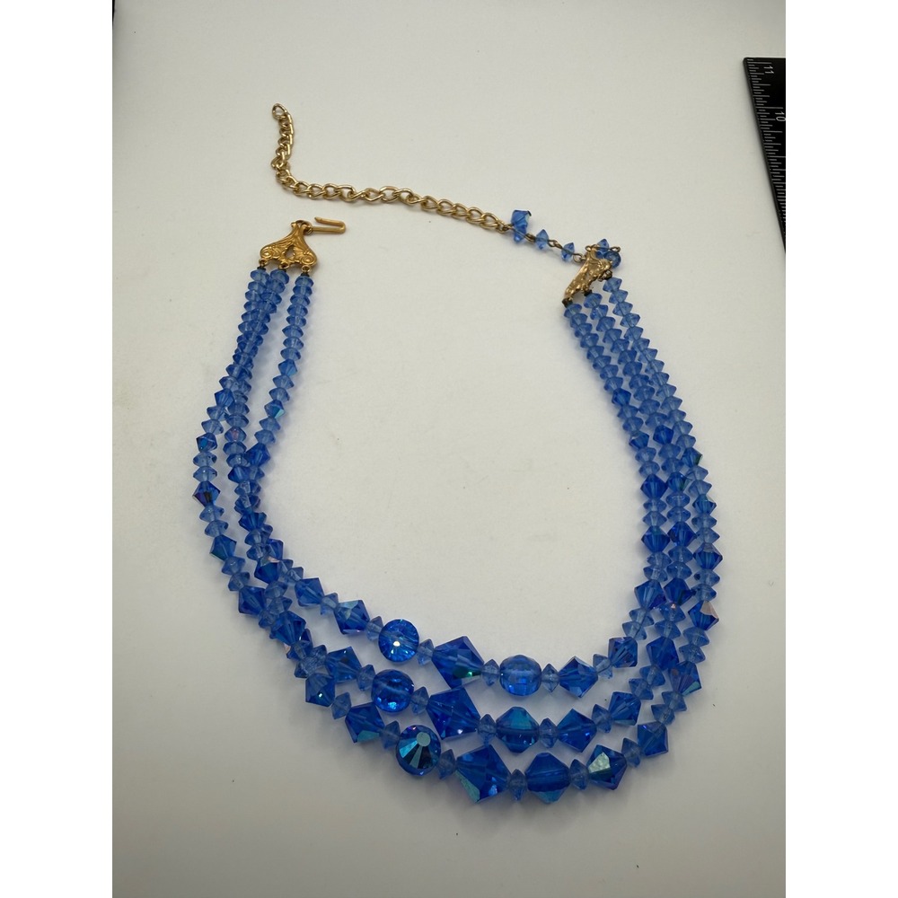Vintage Blue AB Crystal Triple Strand Graduated Bead Necklace Gold Tone J-Hook